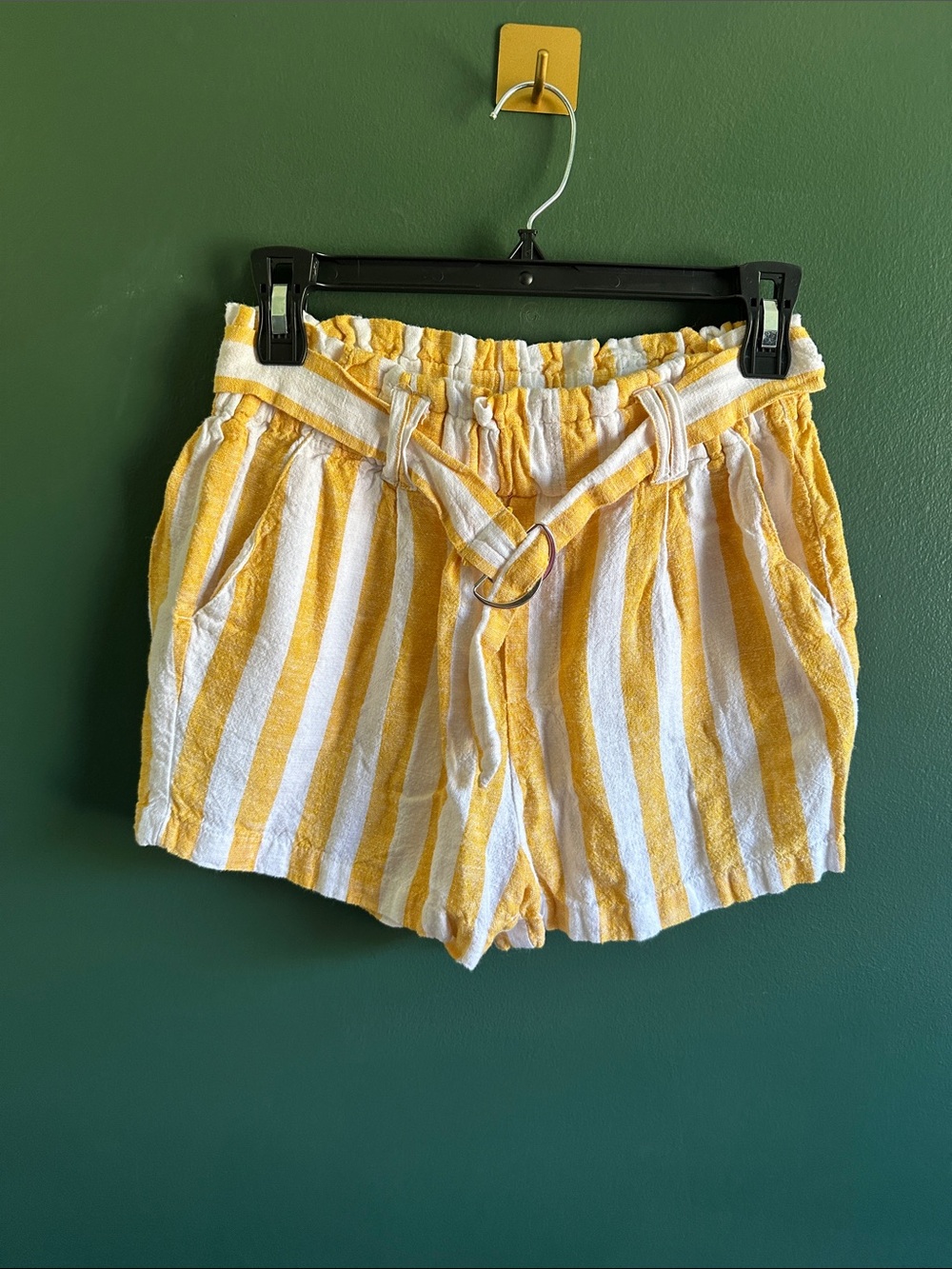 Ruby K High-Waist Yellow & White Striped Shorts with Belt Tie Size S